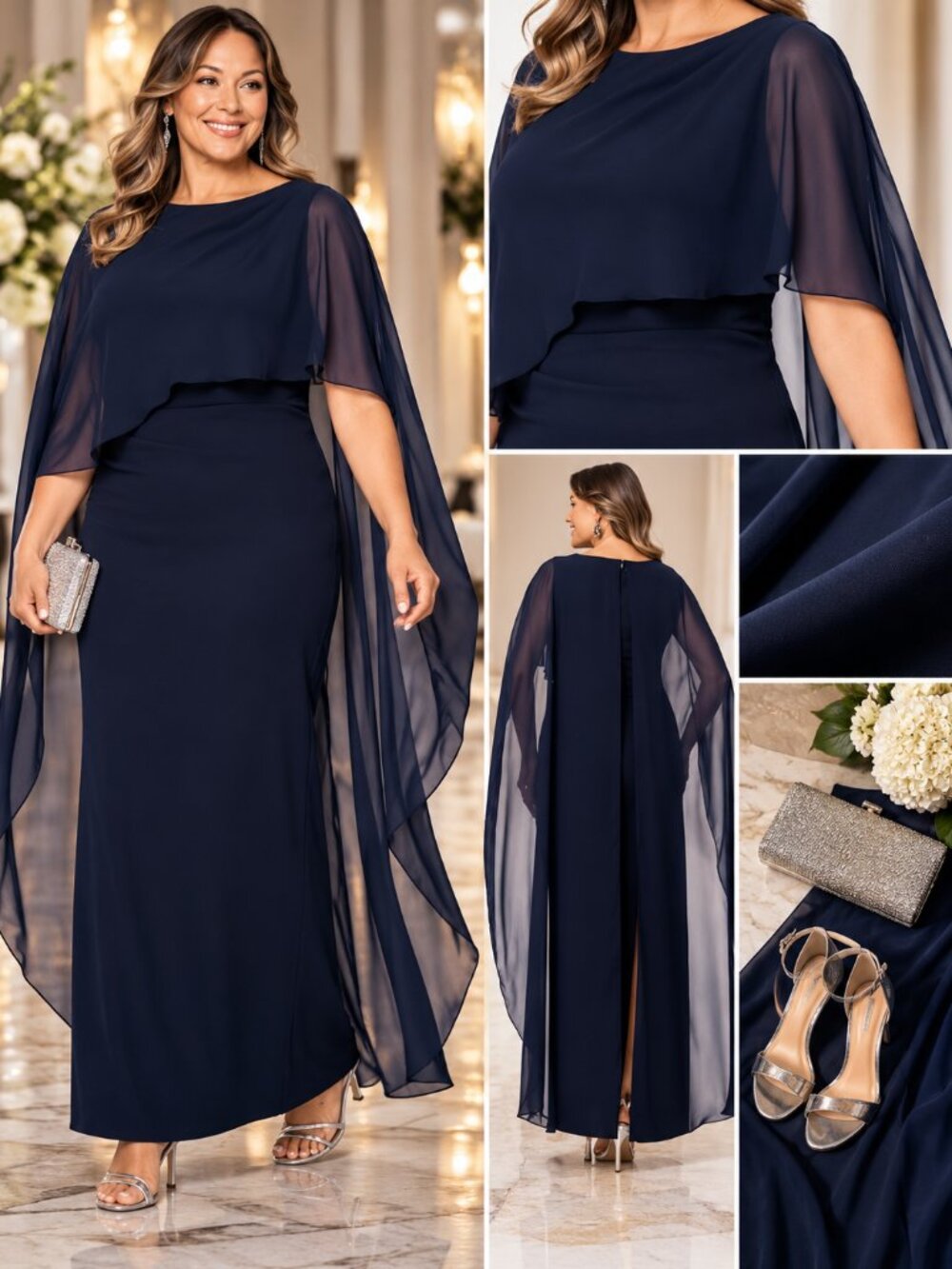 XSCAPE Navy Cape Overlay Formal Evening Gown Plus Size 18W NWT